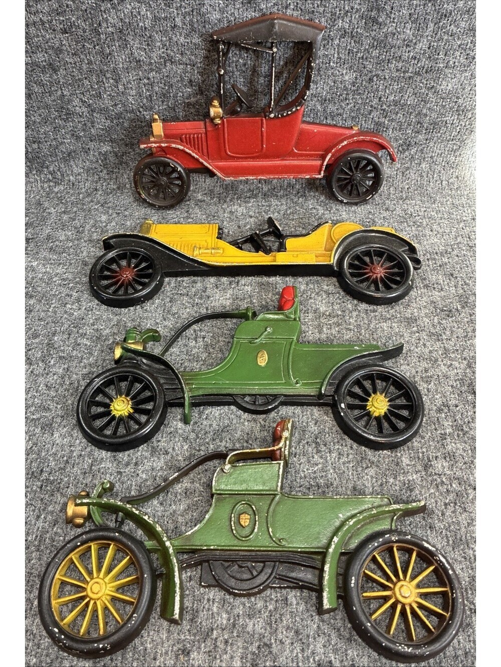 4 Pc Vintage Sexton Cast Metal Iron Antique Cars Wall Hanging 1960s 11”-13” Each